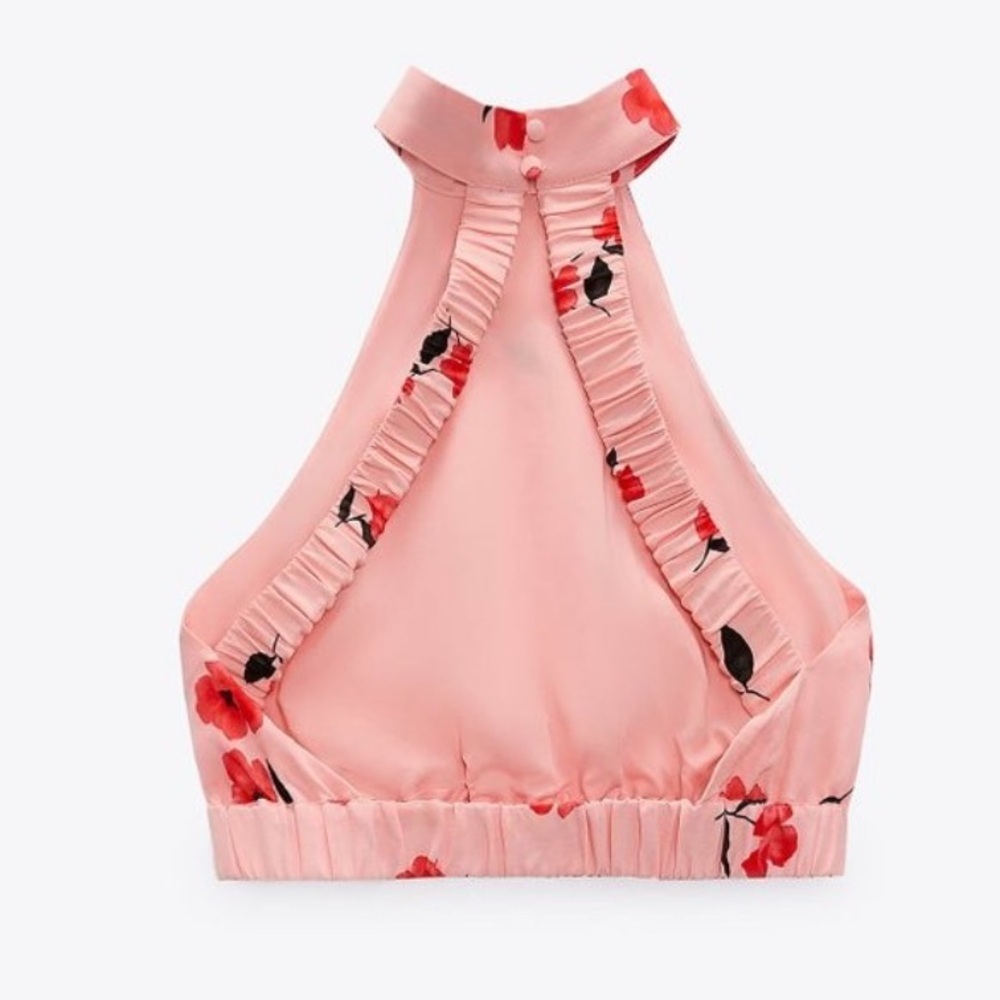 Zara Pink Poppy Floral Halter Crop Top Linen Blend Summer Vacation Backless - Picture 3 of 8